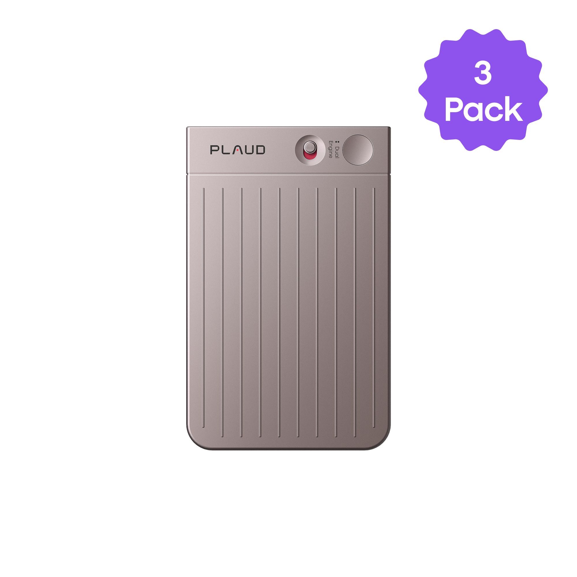 Taupe Plaud Note AI voice recorder with a red button and 'Dual Engine' label, shown as a 3 Pack.