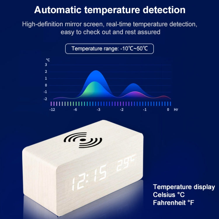 KD8801 5W Wooden Creative Wireless Charger LED Mirror Digital Display Sub-alarm Clock, Regular Style(Black Wood White Characters)