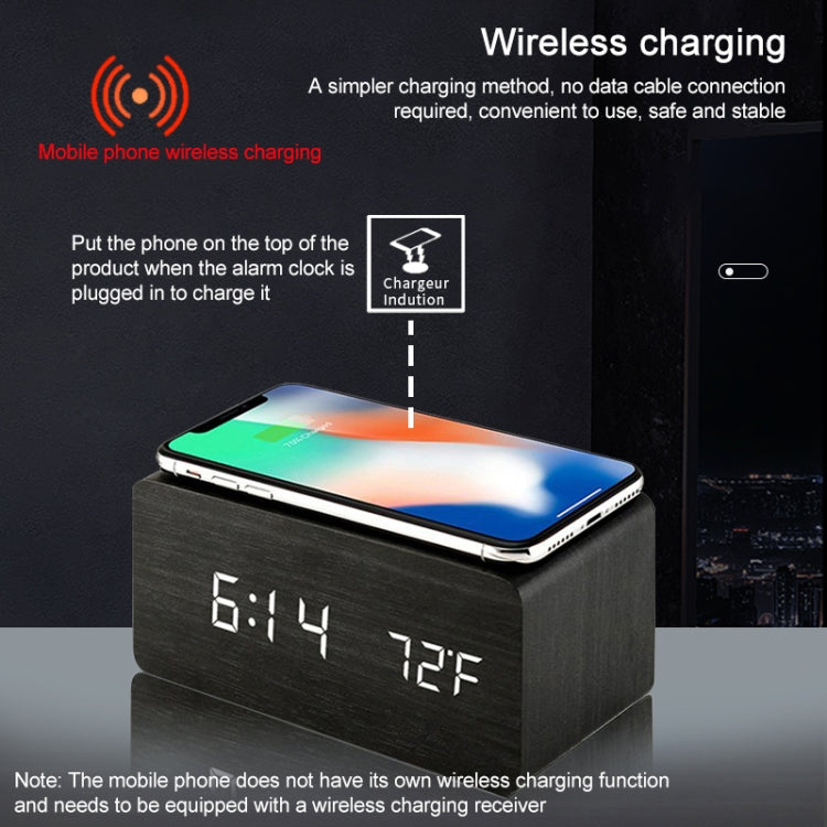 KD8801 5W Wooden Creative Wireless Charger LED Mirror Digital Display Sub-alarm Clock, Regular Style(Black Wood White Characters)