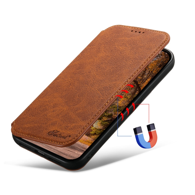 For iPhone 14 Pro Max Suteni J06 Retro Matte Litchi Texture Leather Magnetic Magsafe Phone Case(Khaki)
