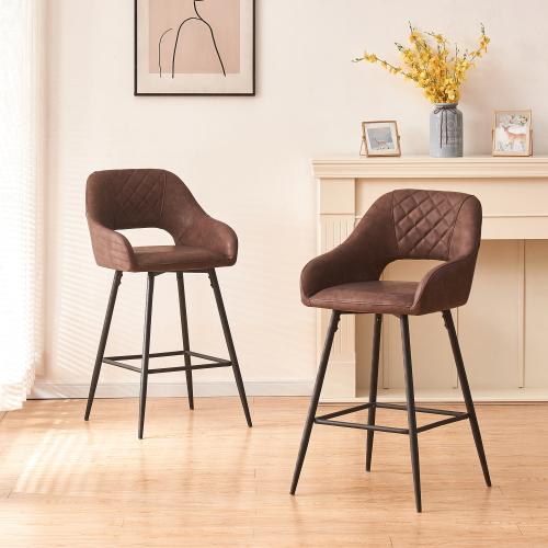 Bar Stools Set of 2 Leather Brown  Dining Bar Stools Fixed Height Bar Chairs with Metal Frame and Footrest