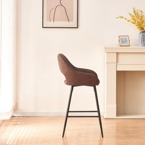 Bar Stools Set of 2 Leather Brown  Dining Bar Stools Fixed Height Bar Chairs with Metal Frame and Footrest