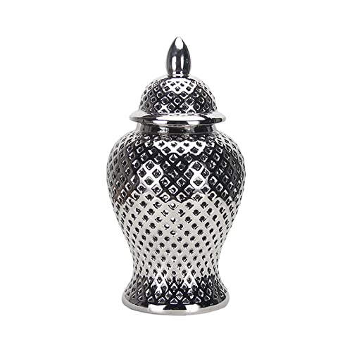 Modern Ceramic Porcelain Hollow Out Carved Lattice Ginger Jar Vase with Lid for Office and Home Bedroom Desk Decor, Silver