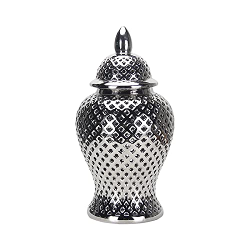 Modern Ceramic Porcelain Hollow Out Carved Lattice Ginger Jar Vase with Lid for Office and Home Bedroom Desk Decor, Silver