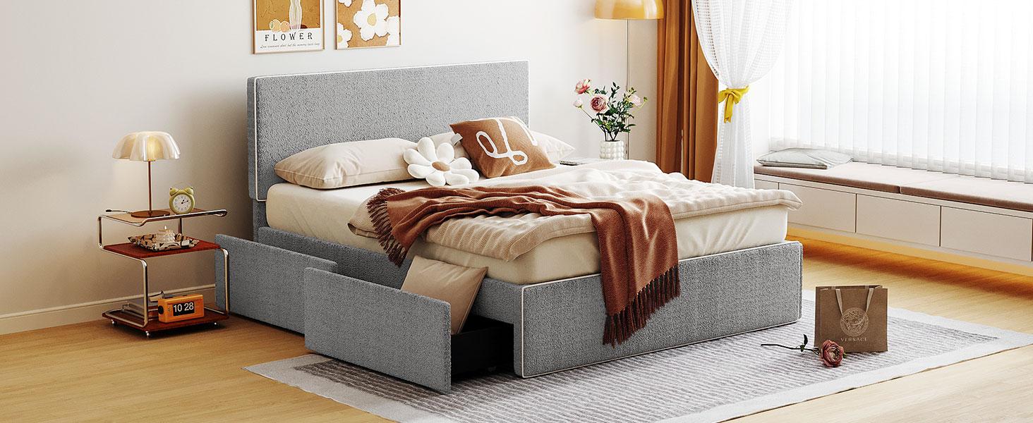 Upholstered Platform Bed with 4 Drawers and White Edge on the Headboard & Footboard, Gray