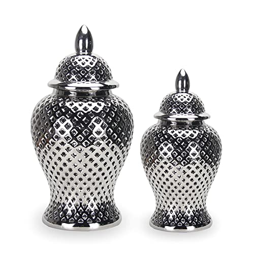 Modern Ceramic Porcelain Hollow Out Carved Lattice Ginger Jar Vase with Lid for Office and Home Bedroom Desk Decor, Silver