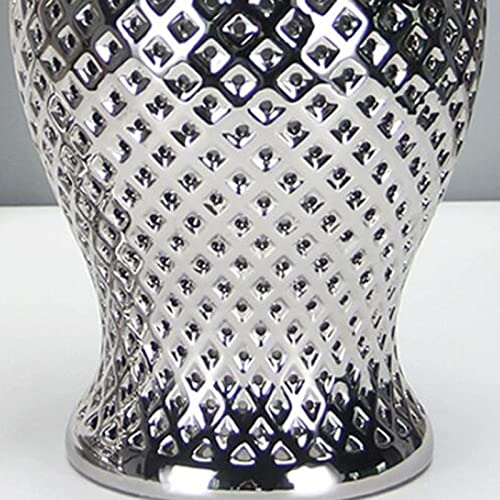 Modern Ceramic Porcelain Hollow Out Carved Lattice Ginger Jar Vase with Lid for Office and Home Bedroom Desk Decor, Silver