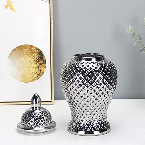 Modern Ceramic Porcelain Hollow Out Carved Lattice Ginger Jar Vase with Lid for Office and Home Bedroom Desk Decor, Silver