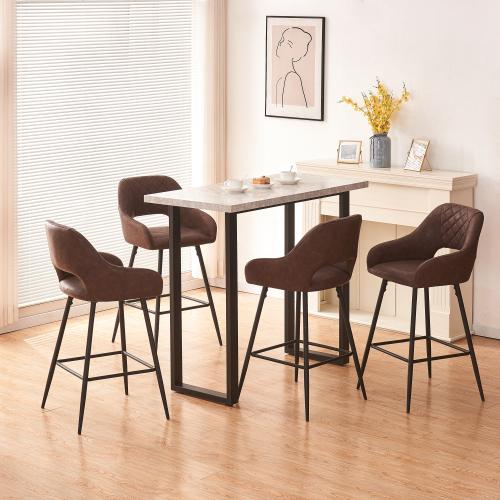 Bar Stools Set of 2 Leather Brown  Dining Bar Stools Fixed Height Bar Chairs with Metal Frame and Footrest