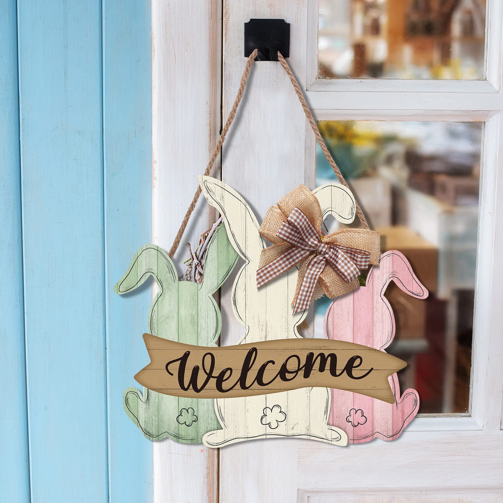 Easter Wooden Hanging Bunny Door Hanger Welcome Sign Wreath Plaque Rabbit with Bow for Spring Decor