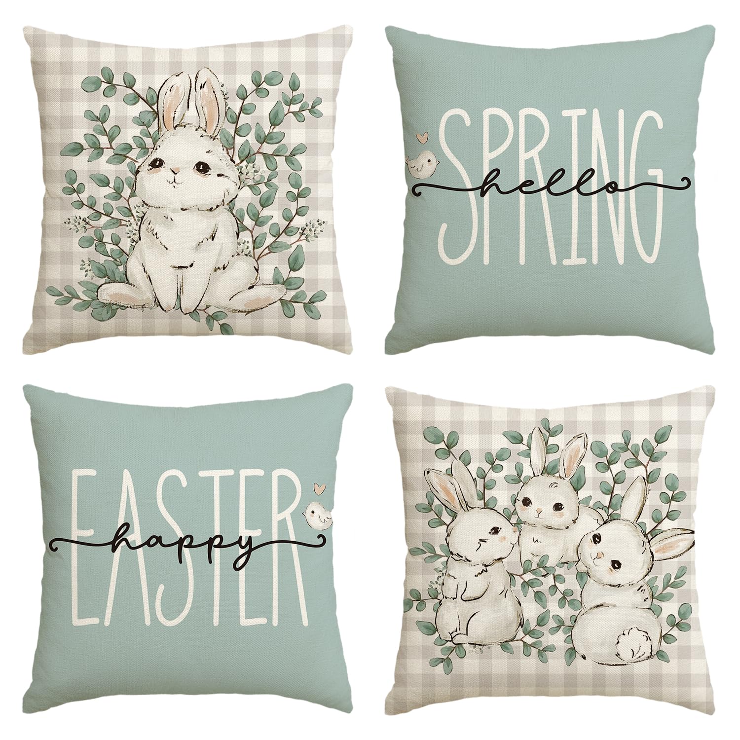 Happy Easter Buffalo Plaid Rabbit Throw Pillow Cover, 18 x 18 Inch Eucalyptus Leaves Hello Spring Cushion Case Decoration for Sofa Couch Set of 4