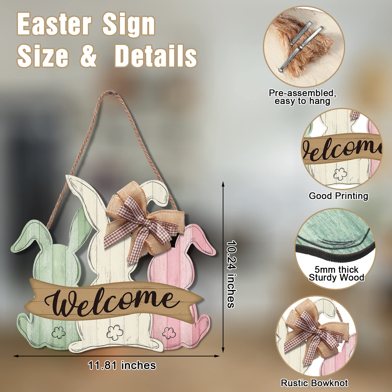 Easter Wooden Hanging Bunny Door Hanger Welcome Sign Wreath Plaque Rabbit with Bow for Spring Decor