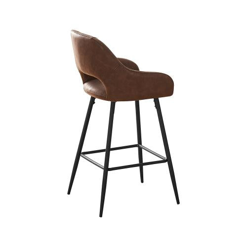 Bar Stools Set of 2 Leather Brown  Dining Bar Stools Fixed Height Bar Chairs with Metal Frame and Footrest