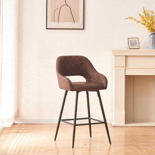 Bar Stools Set of 2 Leather Brown  Dining Bar Stools Fixed Height Bar Chairs with Metal Frame and Footrest