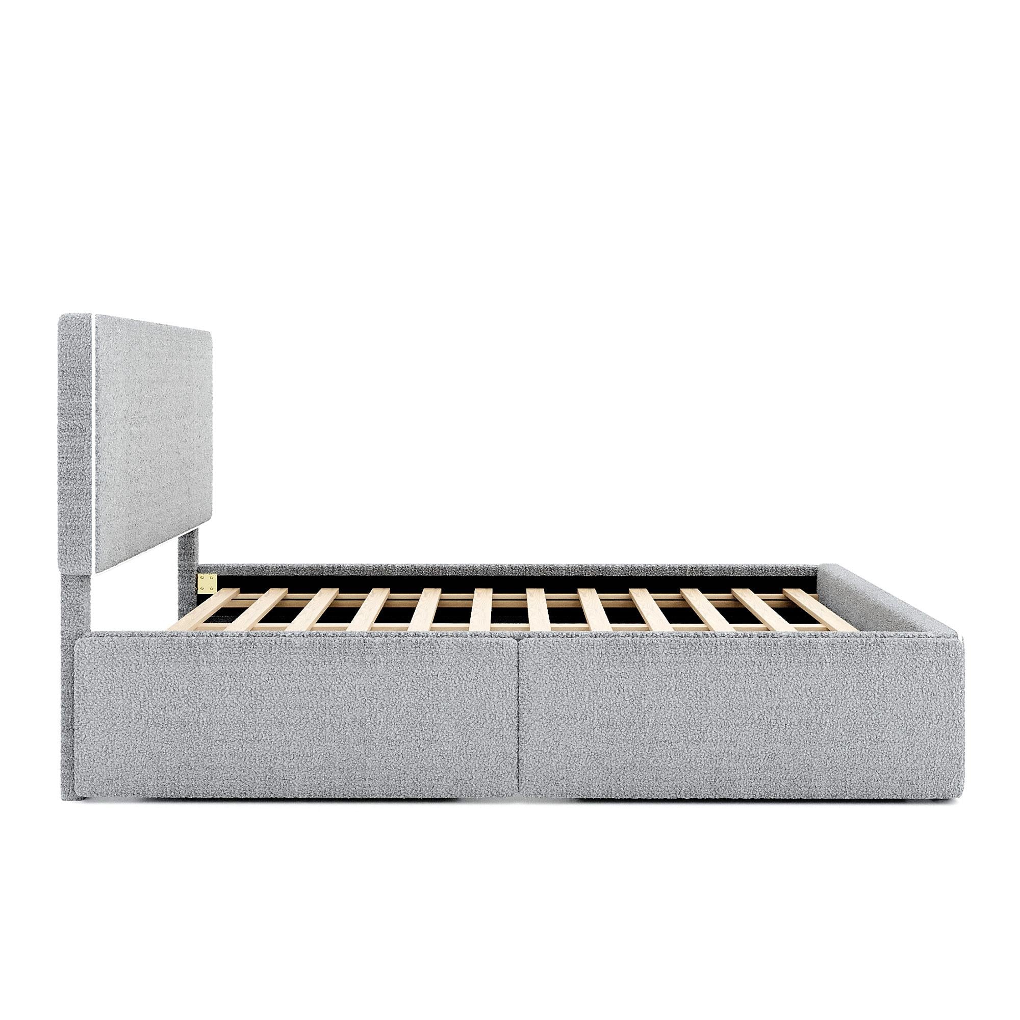 Upholstered Platform Bed with 4 Drawers and White Edge on the Headboard & Footboard, Gray