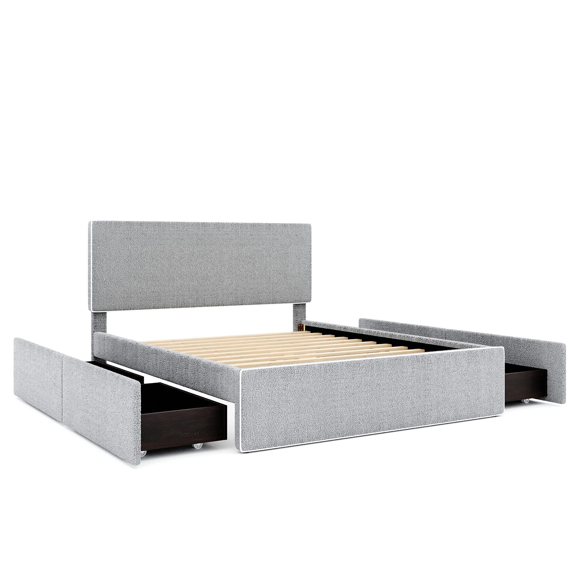 Upholstered Platform Bed with 4 Drawers and White Edge on the Headboard & Footboard, Gray