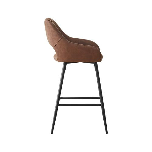Bar Stools Set of 2 Leather Brown  Dining Bar Stools Fixed Height Bar Chairs with Metal Frame and Footrest