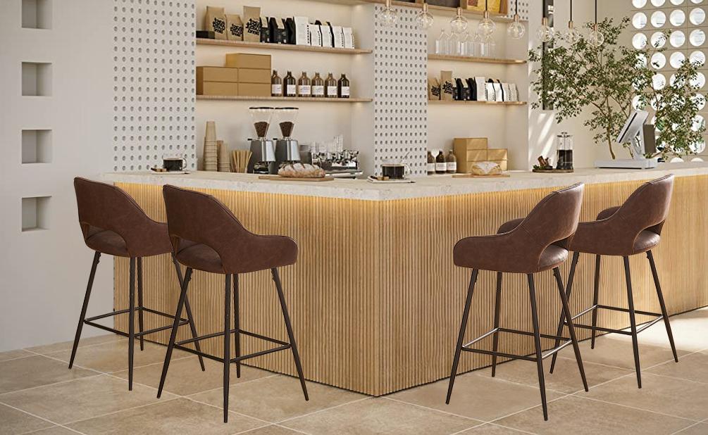 Bar Stools Set of 2 Leather Brown  Dining Bar Stools Fixed Height Bar Chairs with Metal Frame and Footrest