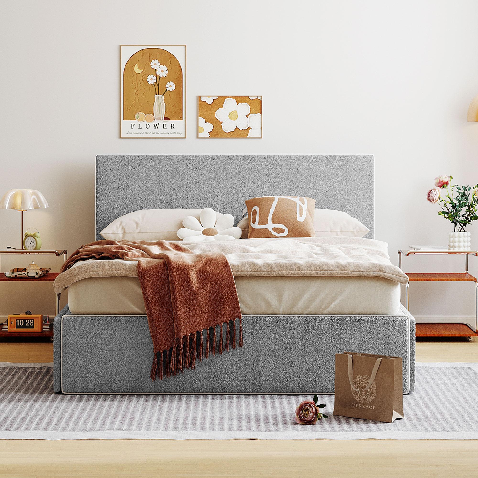 Upholstered Platform Bed with 4 Drawers and White Edge on the Headboard & Footboard, Gray