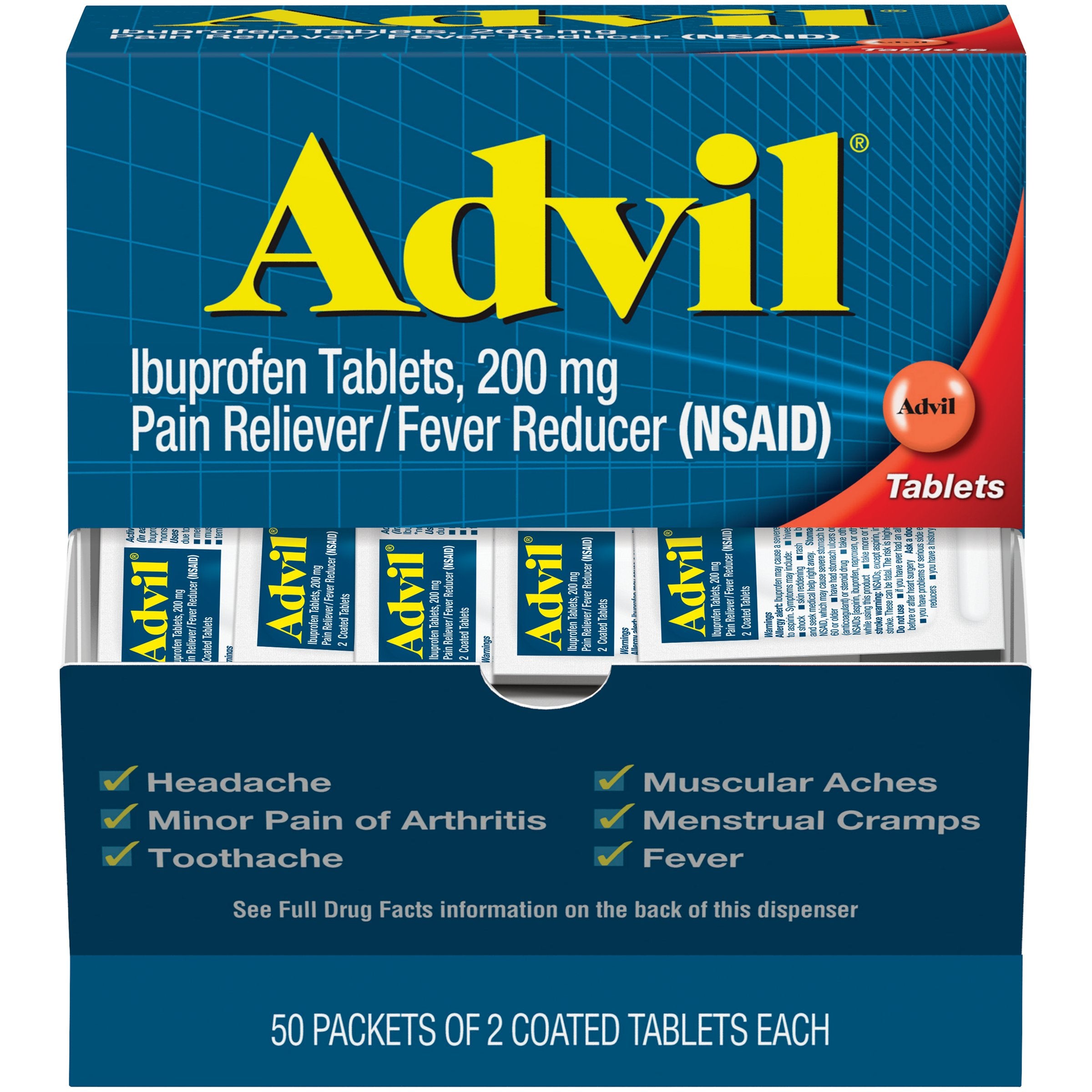 Advil? Ibuprofen Pain Relief Tablet, 200 mg, 50 packets