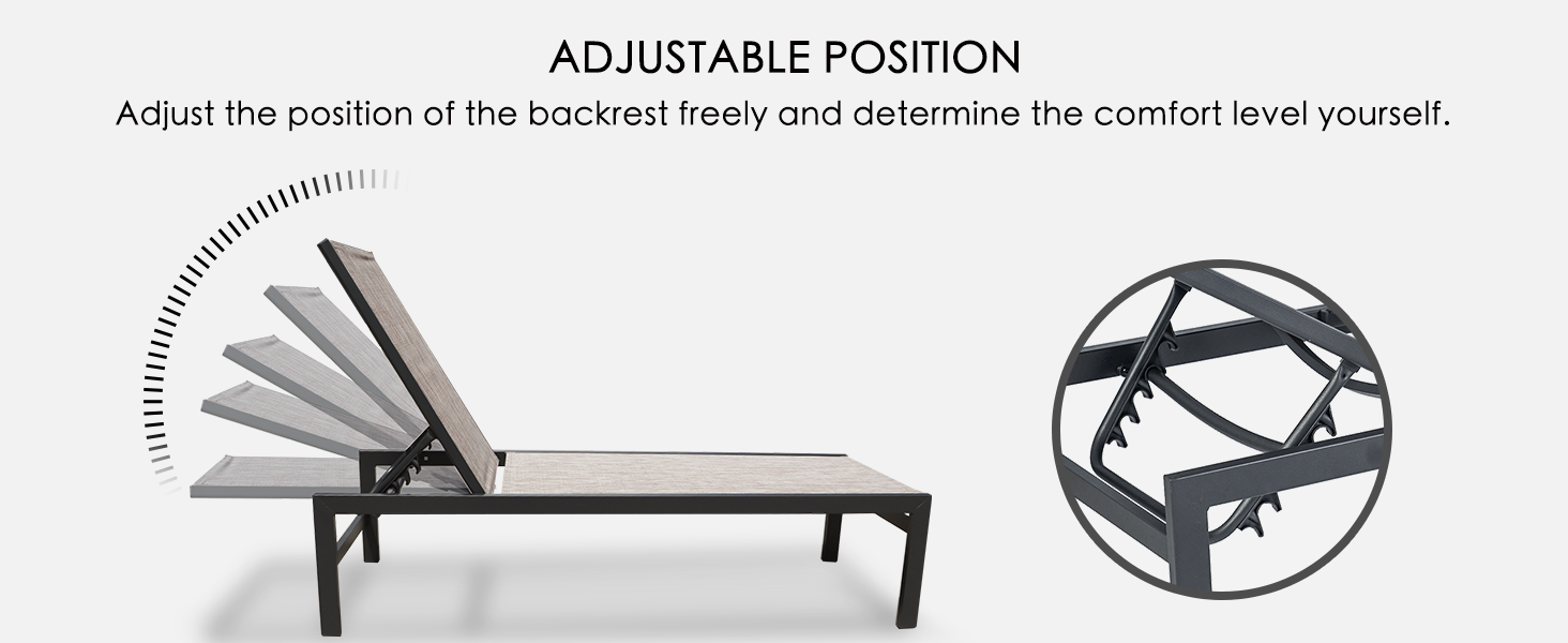 Adjustable position feature of lounge chair allowing free backrest adjustment.