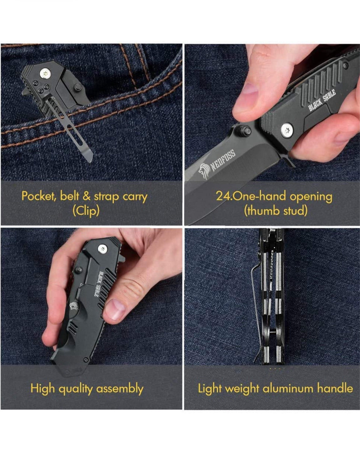 Black Powder Coated Folding Pocket Knife, Fishing Hiking Survival Knife, With Belt Clip