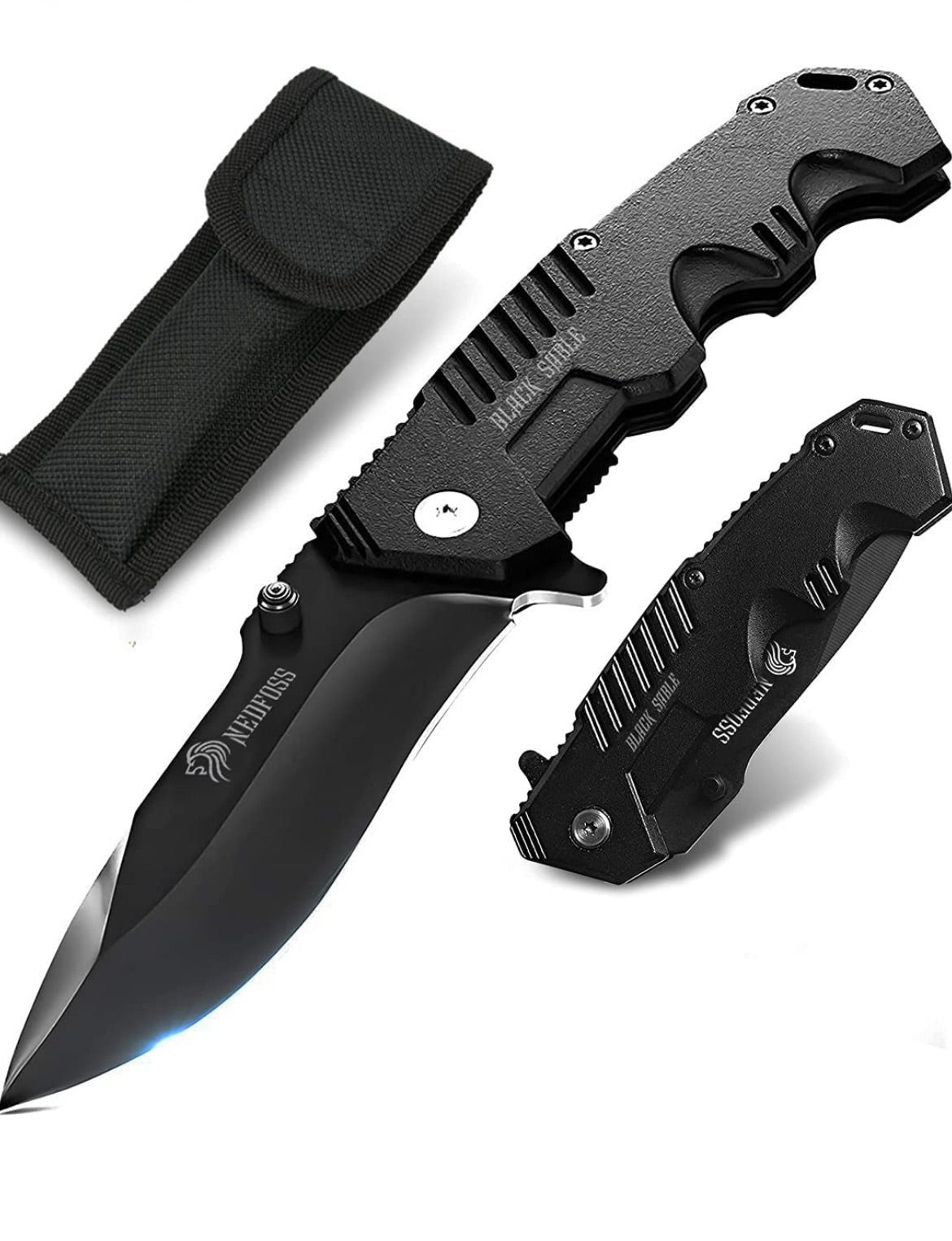 Black Powder Coated Folding Pocket Knife, Fishing Hiking Survival Knife, With Belt Clip