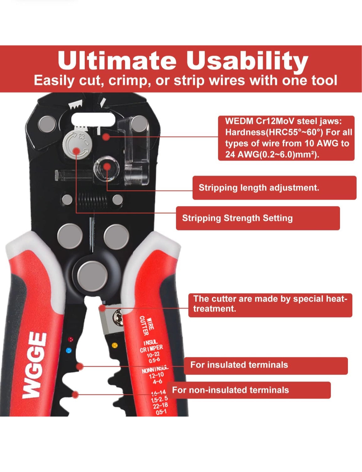 Self-Adjusting Insulation Wire Stripper. AWG 10-24, Automatic Wire Stripper / Cutter / Crimper Plier Tool