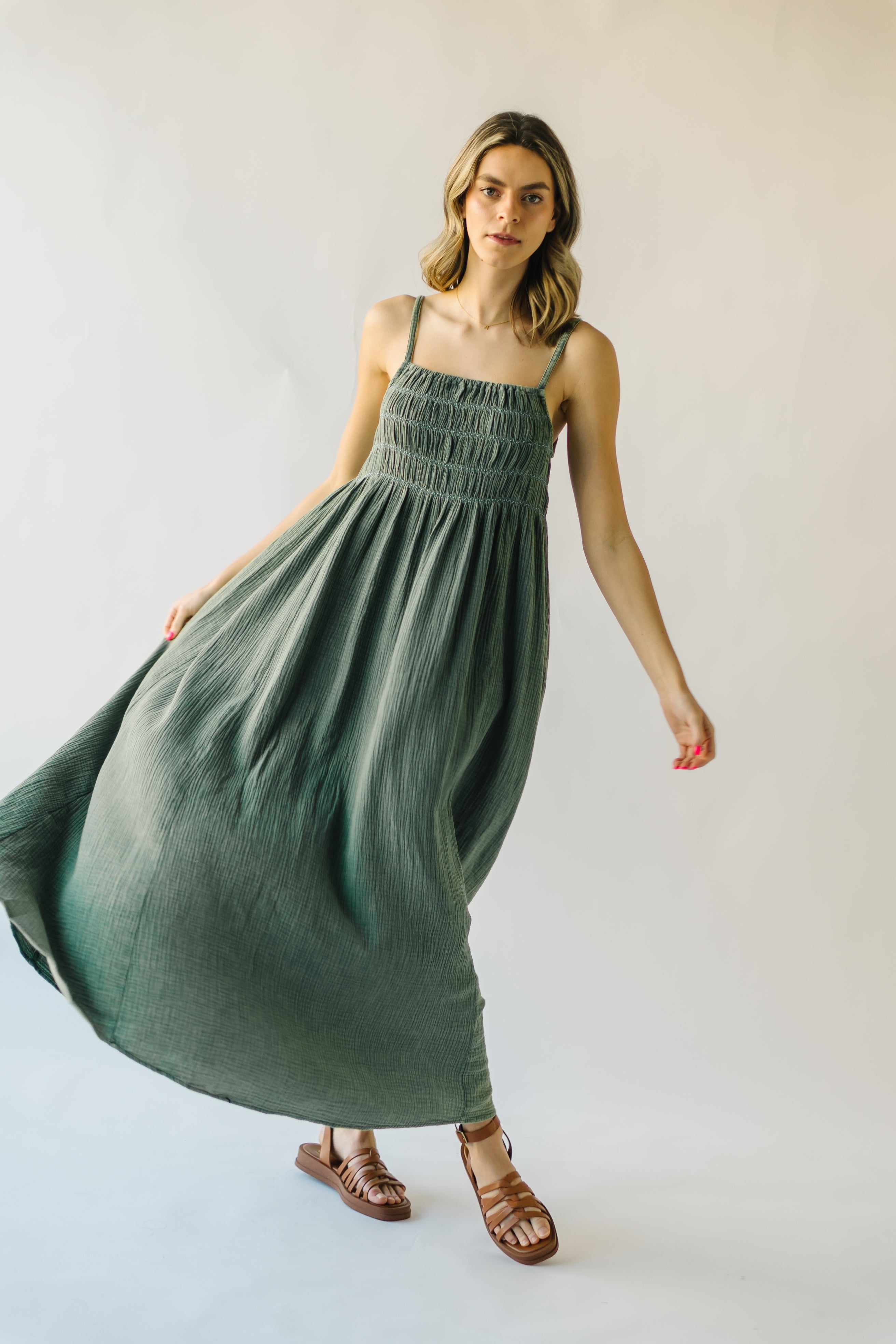 The Mansura Smocked Detail Dress in Sage