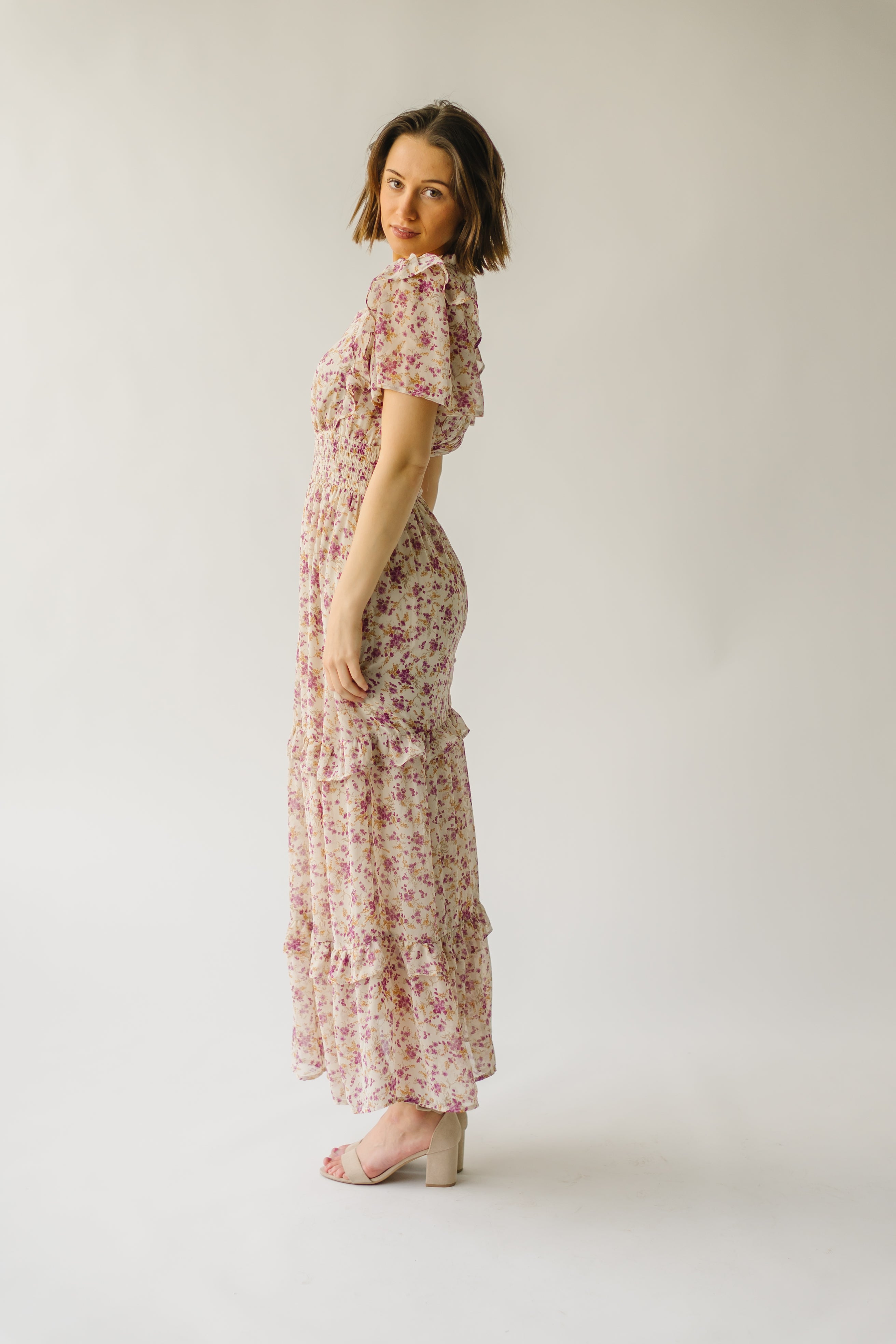 The Creighton Floral Button Detail Maxi Dress in Beige Multi