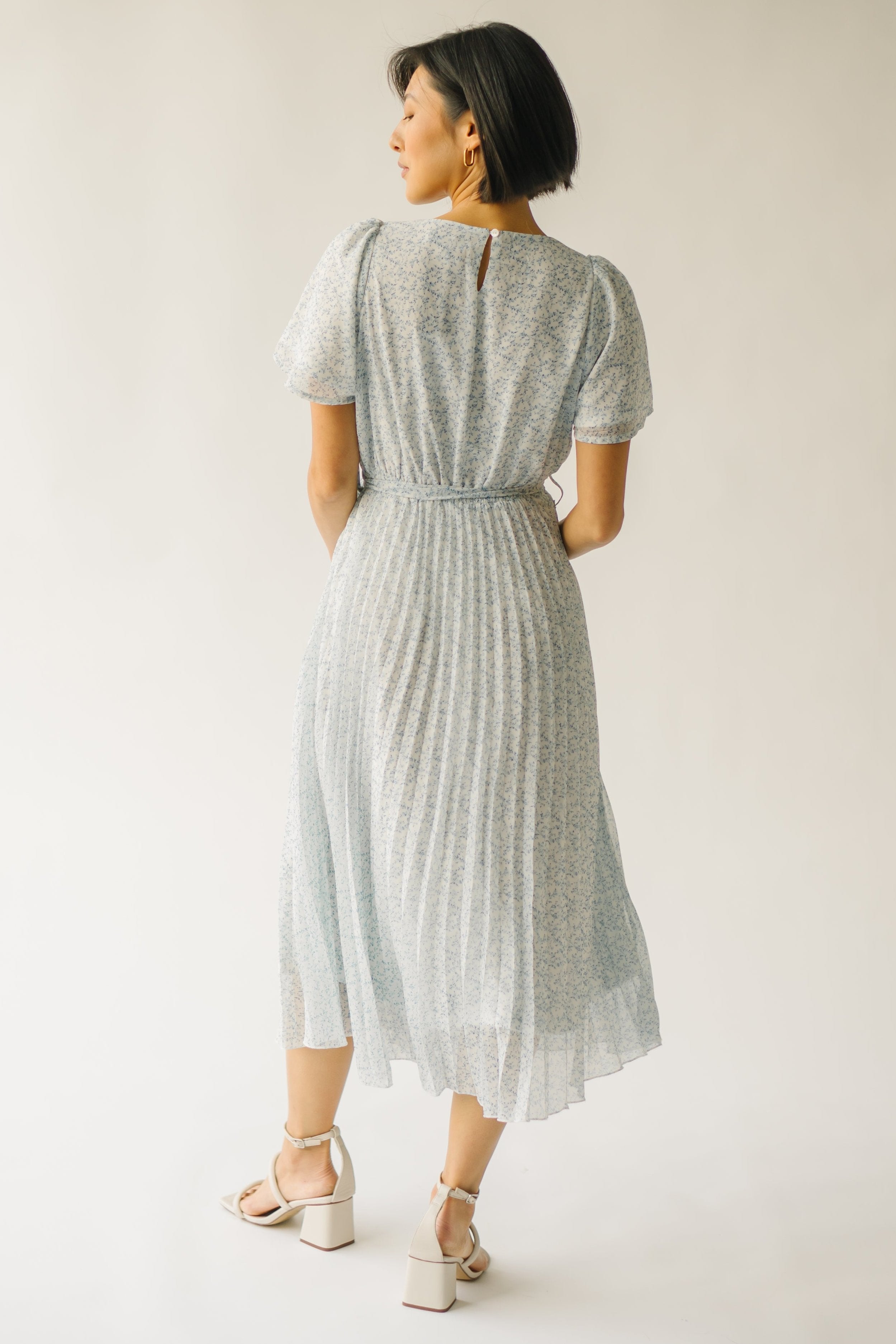 The Thornhill Pleated Midi Dress in Ivory + Blue Floral