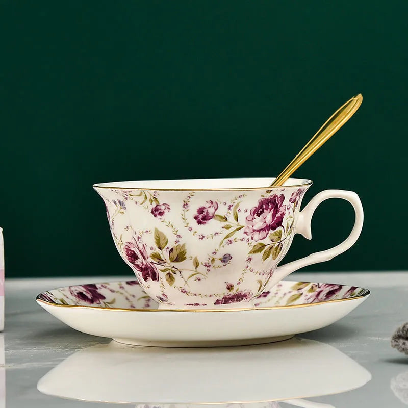 Afralia? Flower Ceramic Coffee Cup and Saucer Set, British-Style Afternoon Tea Mug, 200ml