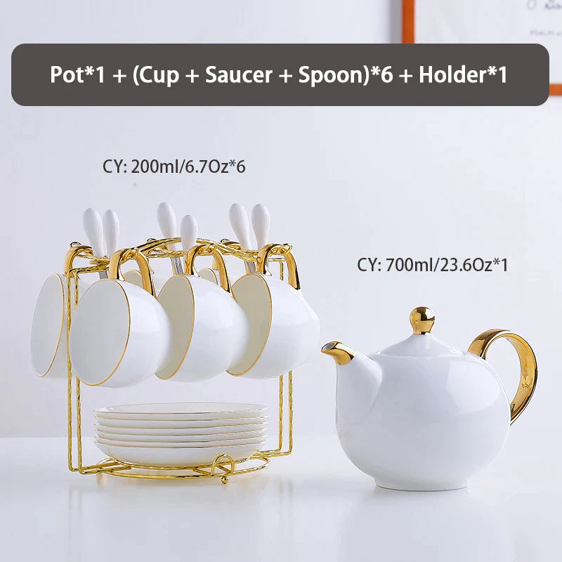 Afralia? Elegant Bone China Tea Set | Porcelain Teacup & Teapot Set White Gold