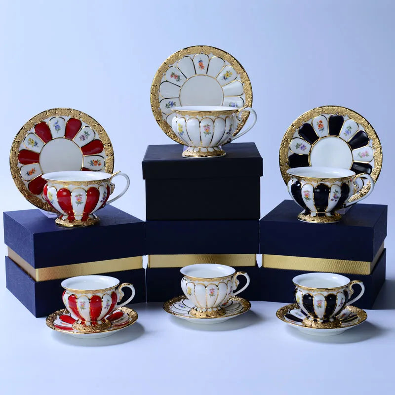 Afralia? Embossed Gold Bone China Tea Cup Saucer Set, German Design Drinkware