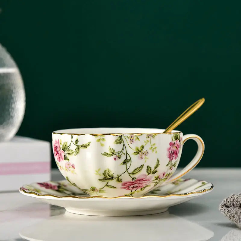 Afralia? Elegant Flower Tea Cup Set with Spoon & Saucer