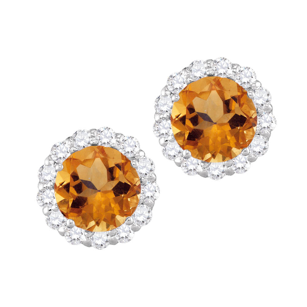 6MM Round Citrine and White Sapphire Birthstone Halo Stud Earrings in 10KT White Gold