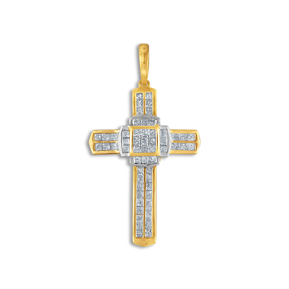 10KT White and Yellow Gold 1-1/2 CTW Diamond 43X23MM Cross Pendant. Chain Not Included