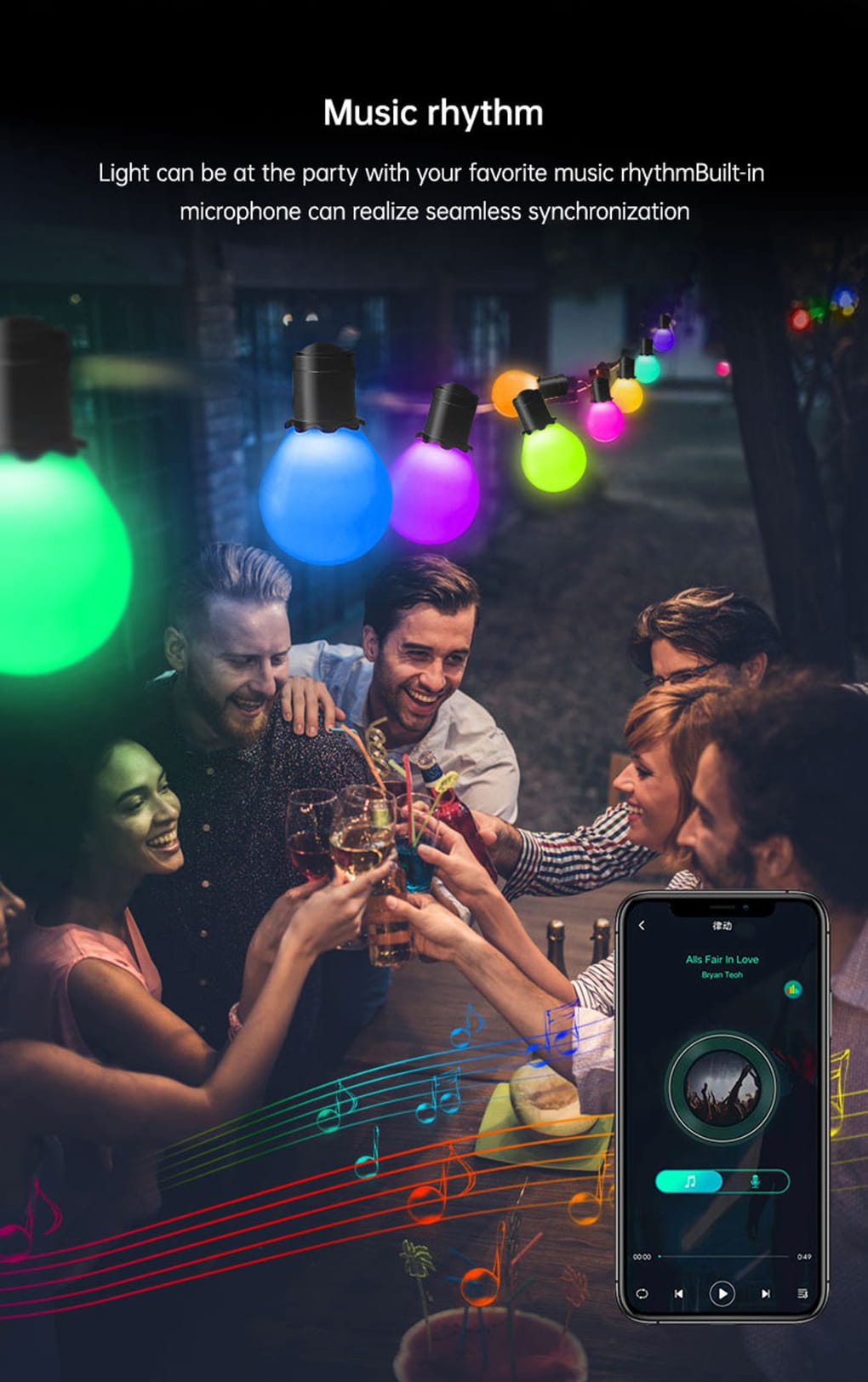 LuxFond Smart Music Rhythm LED Bulb String Lights