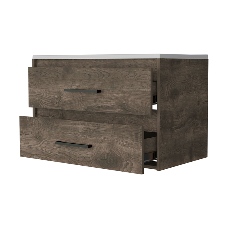 2-Drawer Wall Mounted Wooden Bathroom Vanity in Dark Brown and White