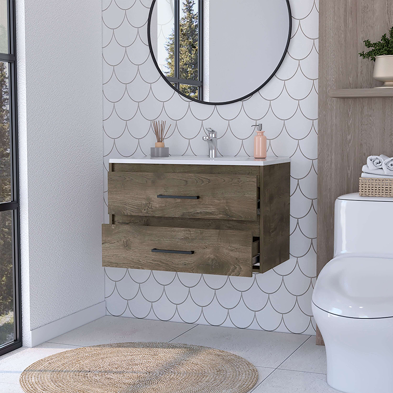 2-Drawer Wall Mounted Wooden Bathroom Vanity in Dark Brown and White