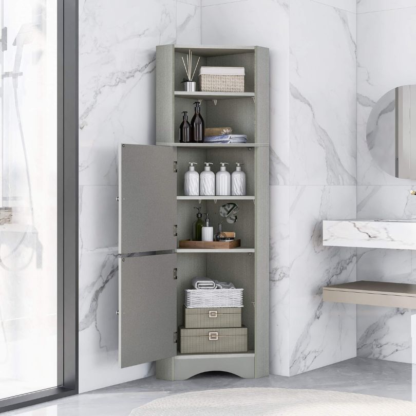 Tall Corner Gray Freestanding Storage Cabinet with 2 doors