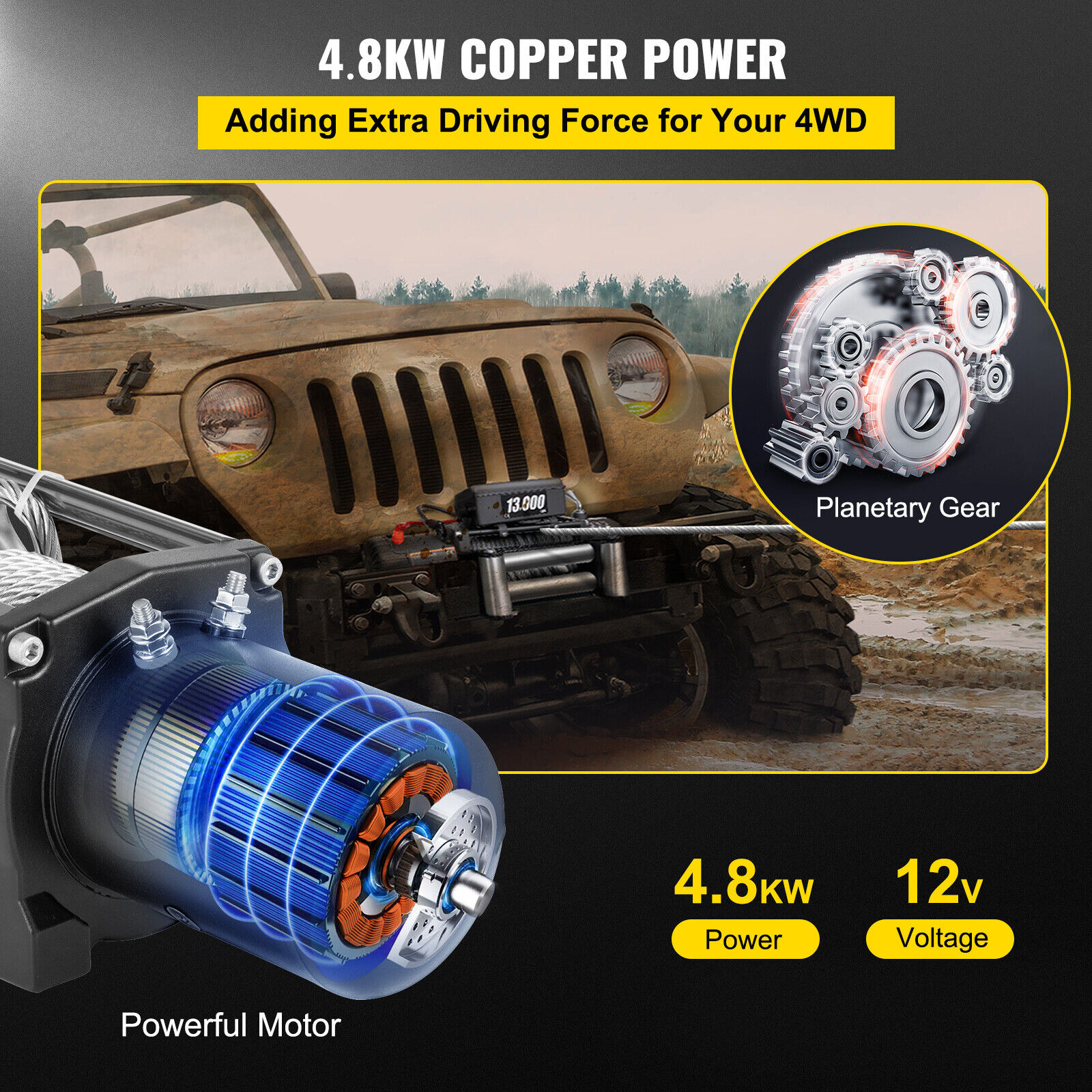 13000LBS Electric Winch 12V 85FT Steel Cable Off-road UTV Truck Towing Trailer