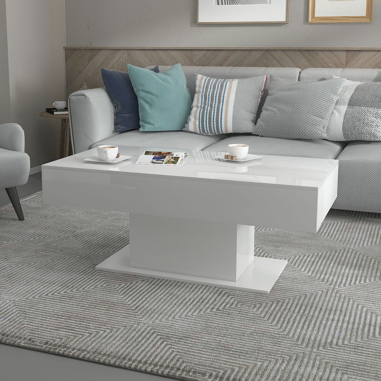 High Gloss White Coffee Table with LED Lights Accent Center Table Living Room US