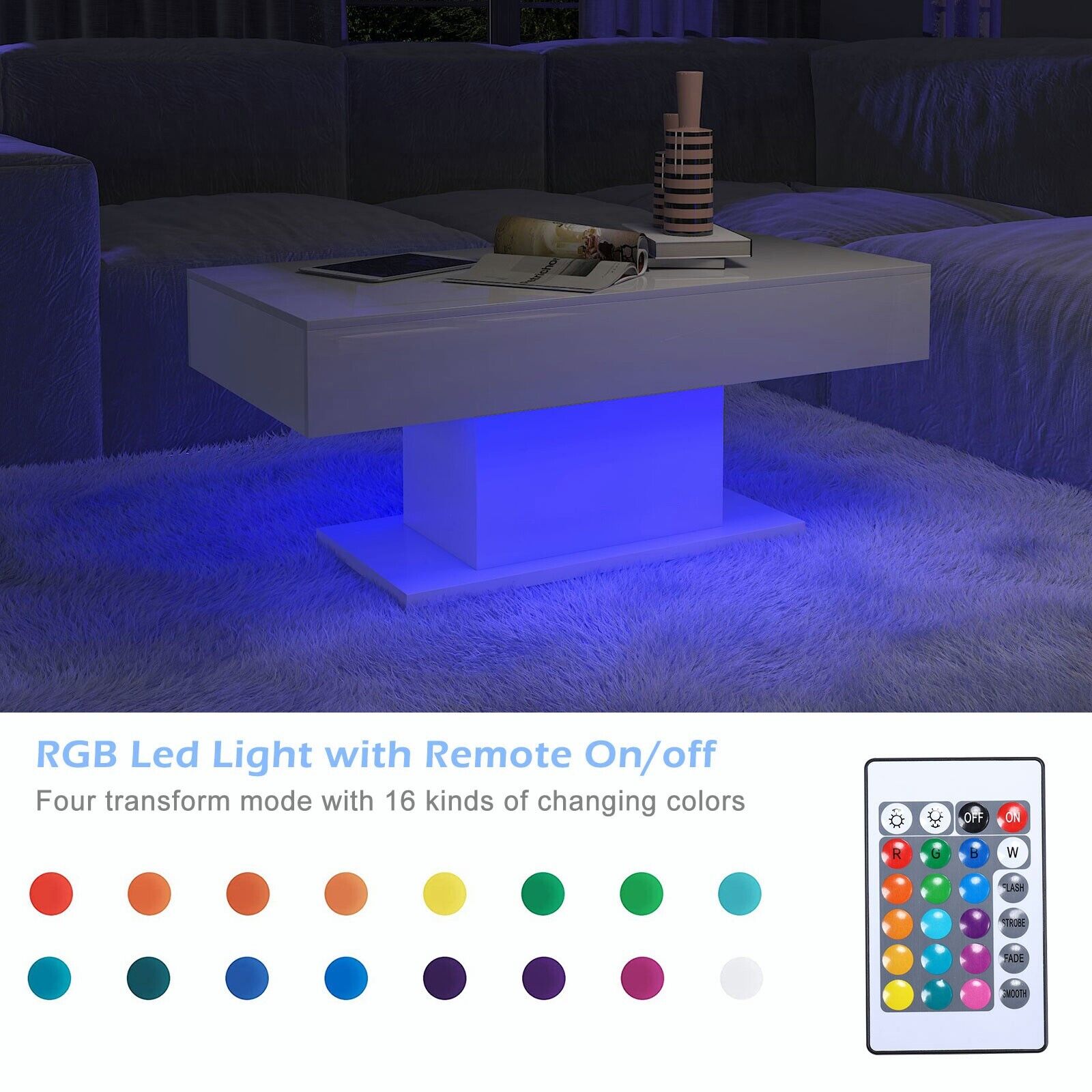 High Gloss White Coffee Table with LED Lights Accent Center Table Living Room US