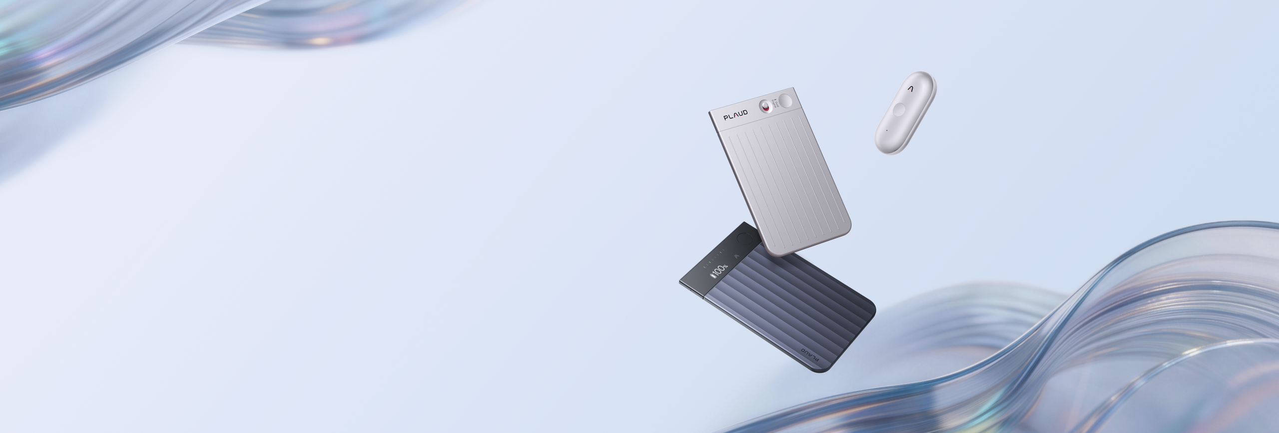 Silver and black Plaud Note Pro devices and a white Plaud NotePin floating on a light blue background.