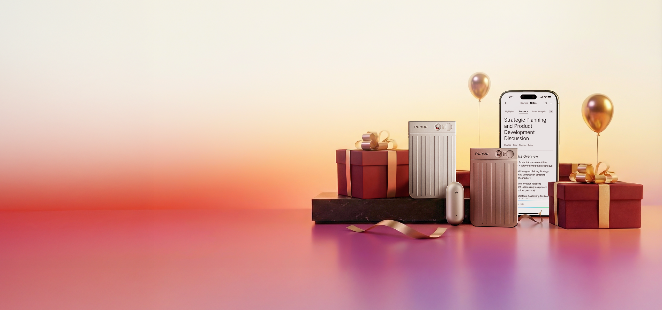 Silver and rose gold Plaud Note Pro and a Plaud NotePin with the Plaud App, surrounded by gift boxes and balloons.