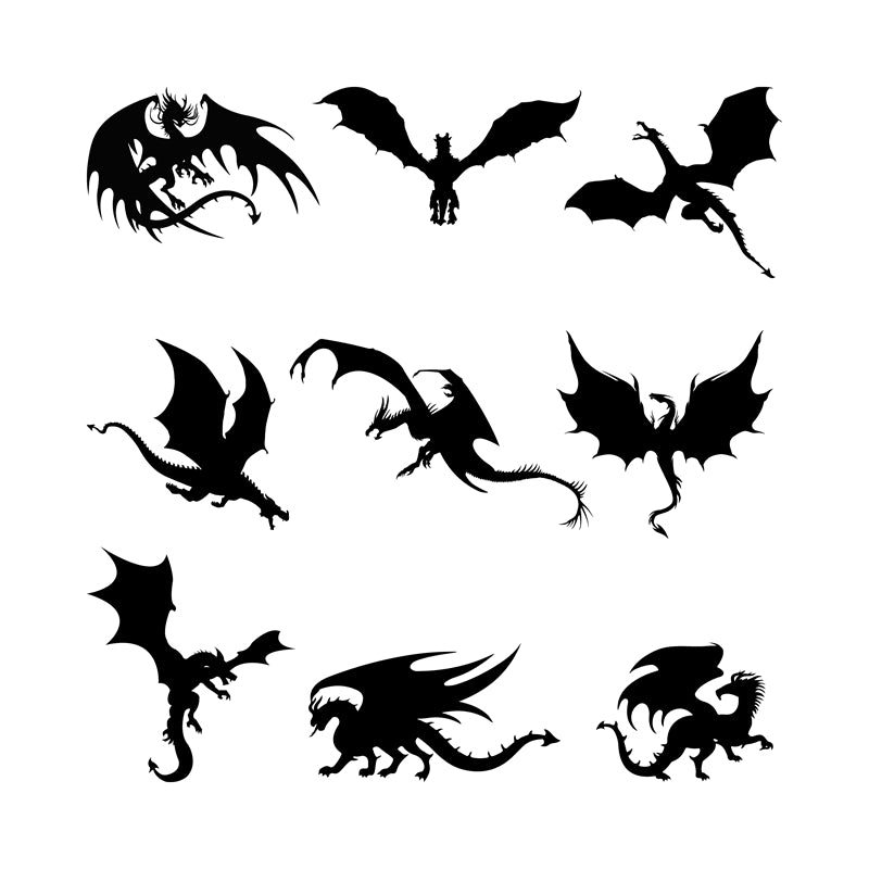_silhouettes_de_dragons_volants_reptiles_crachant_du_feu_dragons_médiévaux_ailés_mascottes_dragons_effrayants_ensemble_d'illustrations_vectorielles_plates_silhouettes_dragons_fées