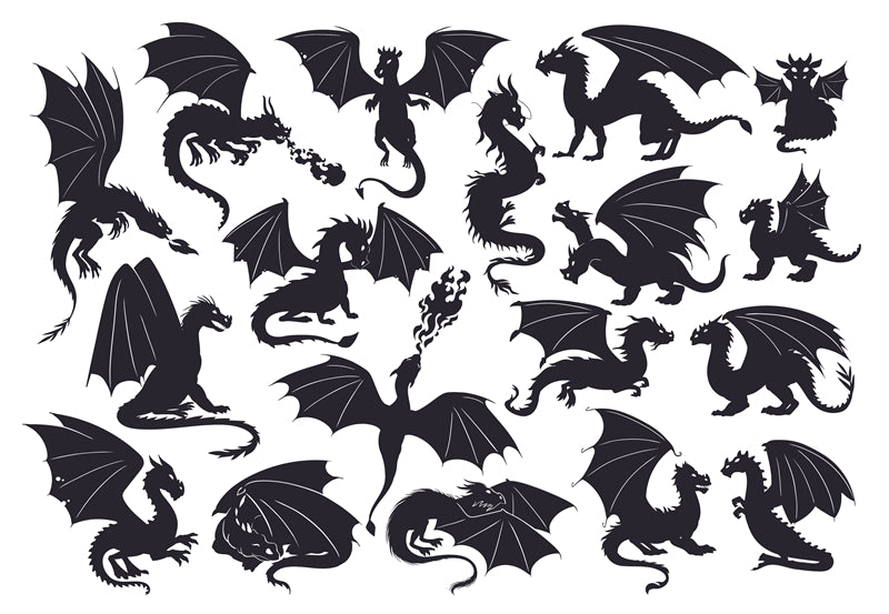 _silhouettes_de_dragons_volants_reptiles_crachant_du_feu_dragons_médiévaux_ailés_mascottes_dragons_effrayants_ensemble_d'illustrations_vectorielles_plates_silhouettes_dragons_fées