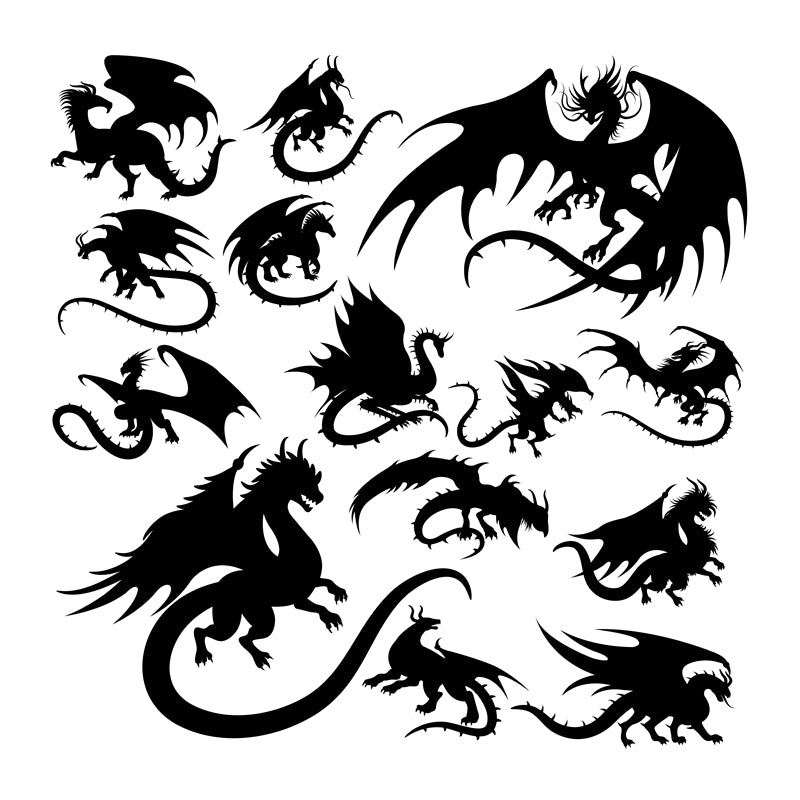 _silhouettes_de_dragons_volants_reptiles_crachant_du_feu_dragons_médiévaux_ailés_mascottes_dragons_effrayants_ensemble_d'illustrations_vectorielles_plates_silhouettes_dragons_fées