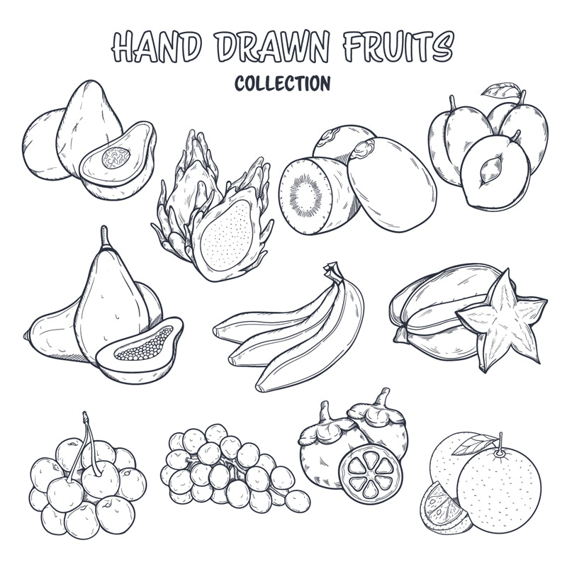 Illustration de fruits dessinés à la main. Icône de clip - Pomme/Pêche/Kiwi/Raisin/Citron/Ananas/Cerise/Banane/Pastèque/Fraise - Éléments vectoriels EPS/AI/PSD PNG/JPG TÉLÉCHARGEMENT GRATUIT